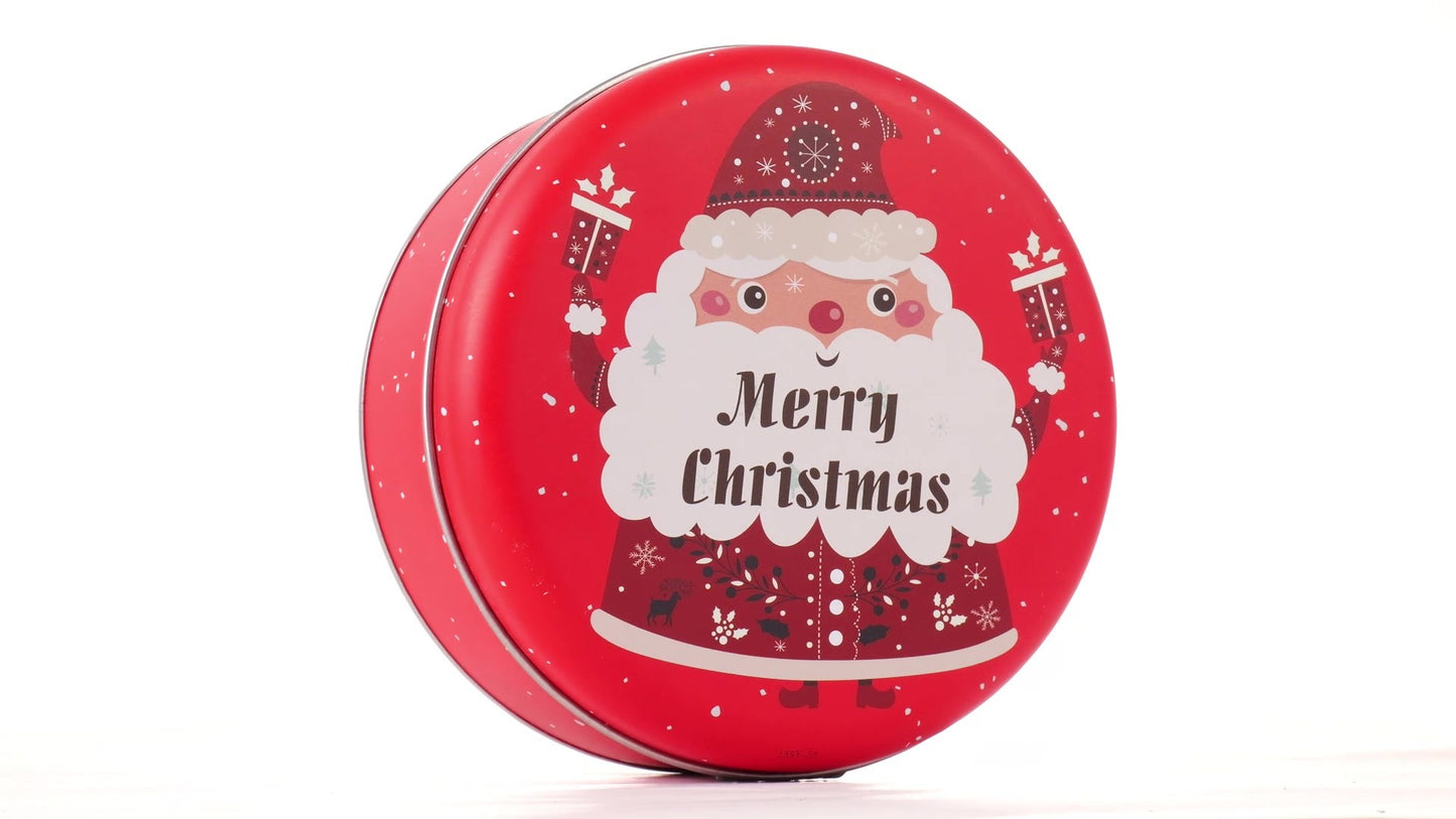 Round red metal tin with Santa Claus design