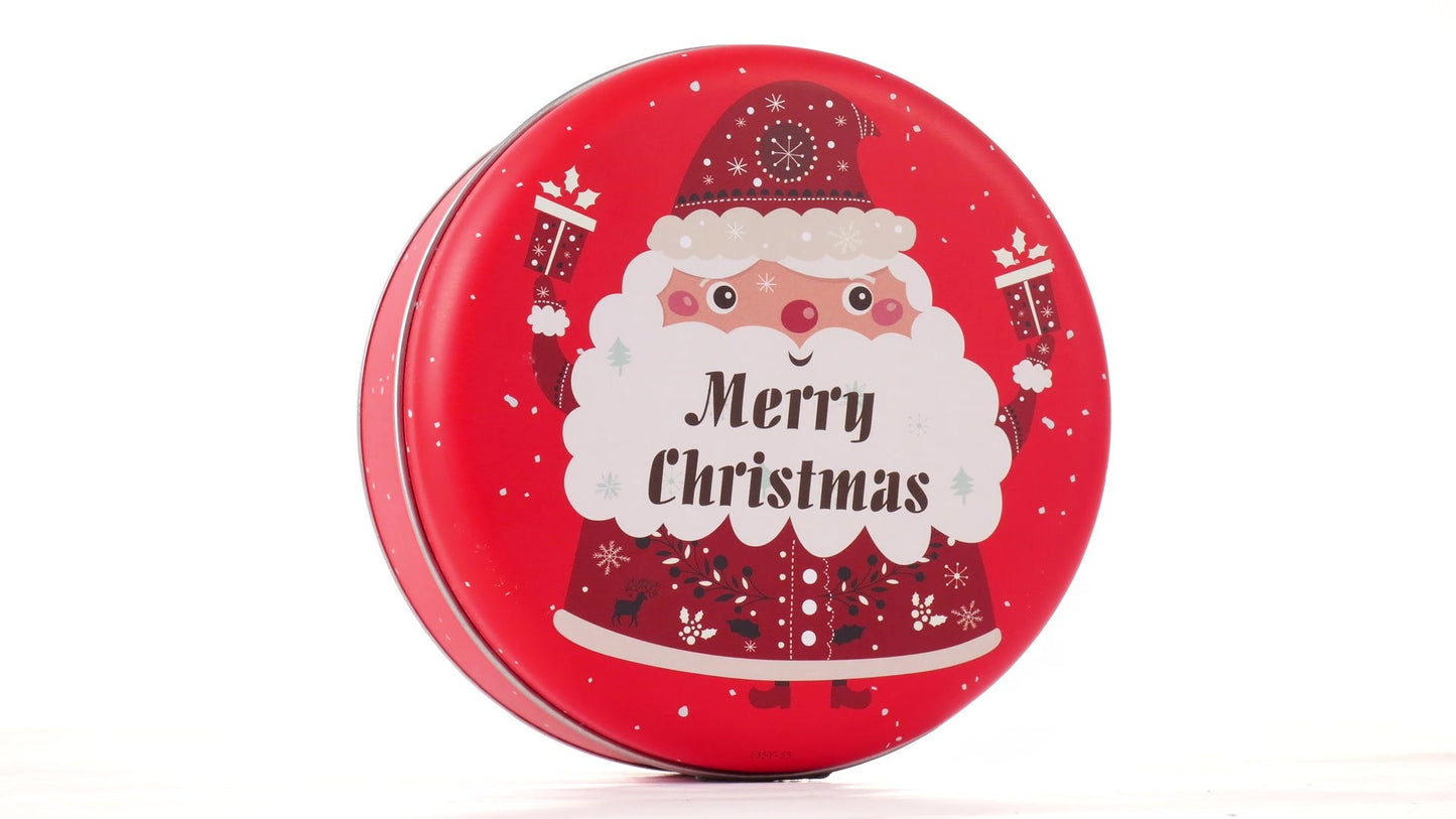 Round red metal tin with Santa Claus design