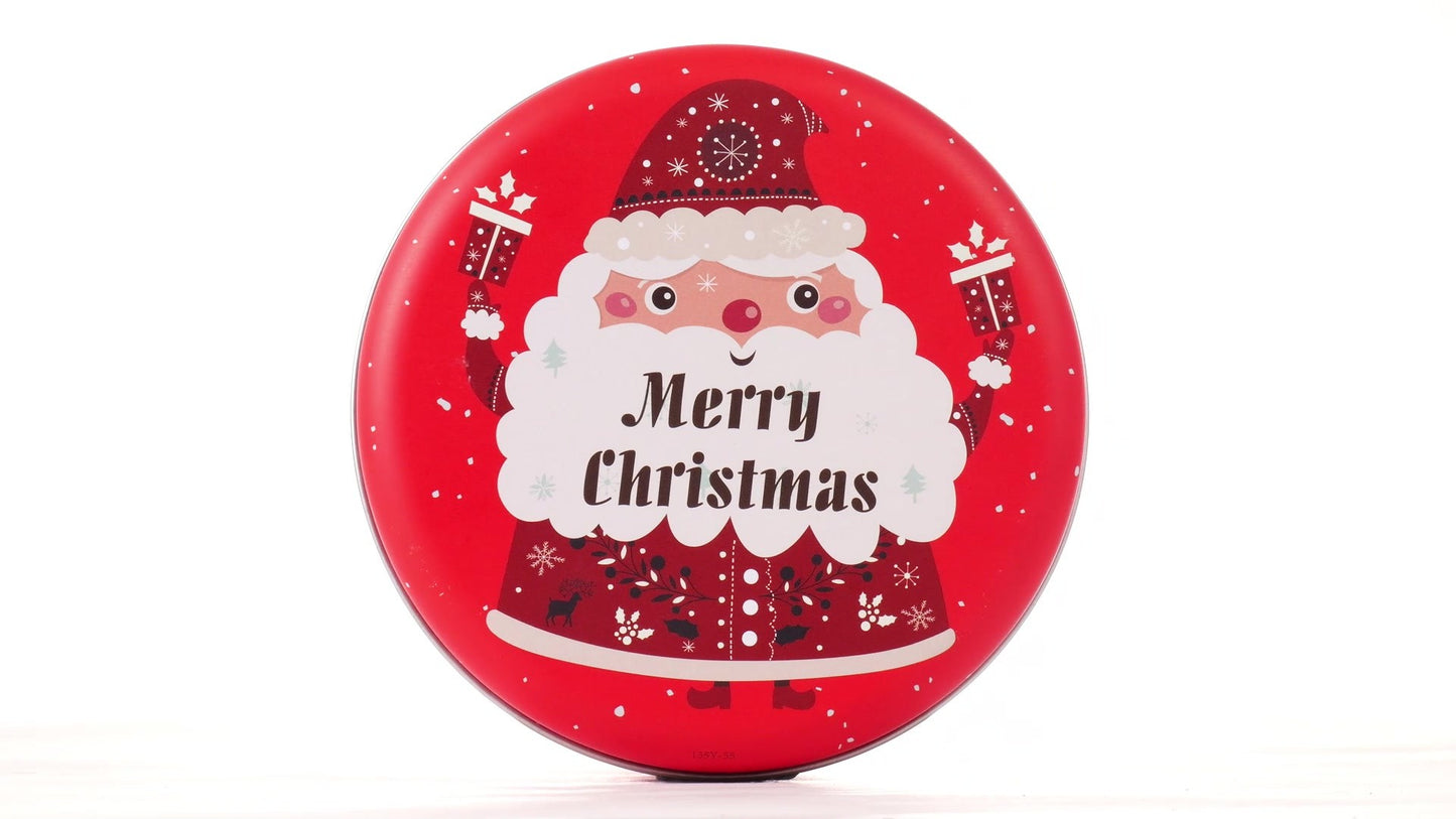 Round red metal tin with Santa Claus design