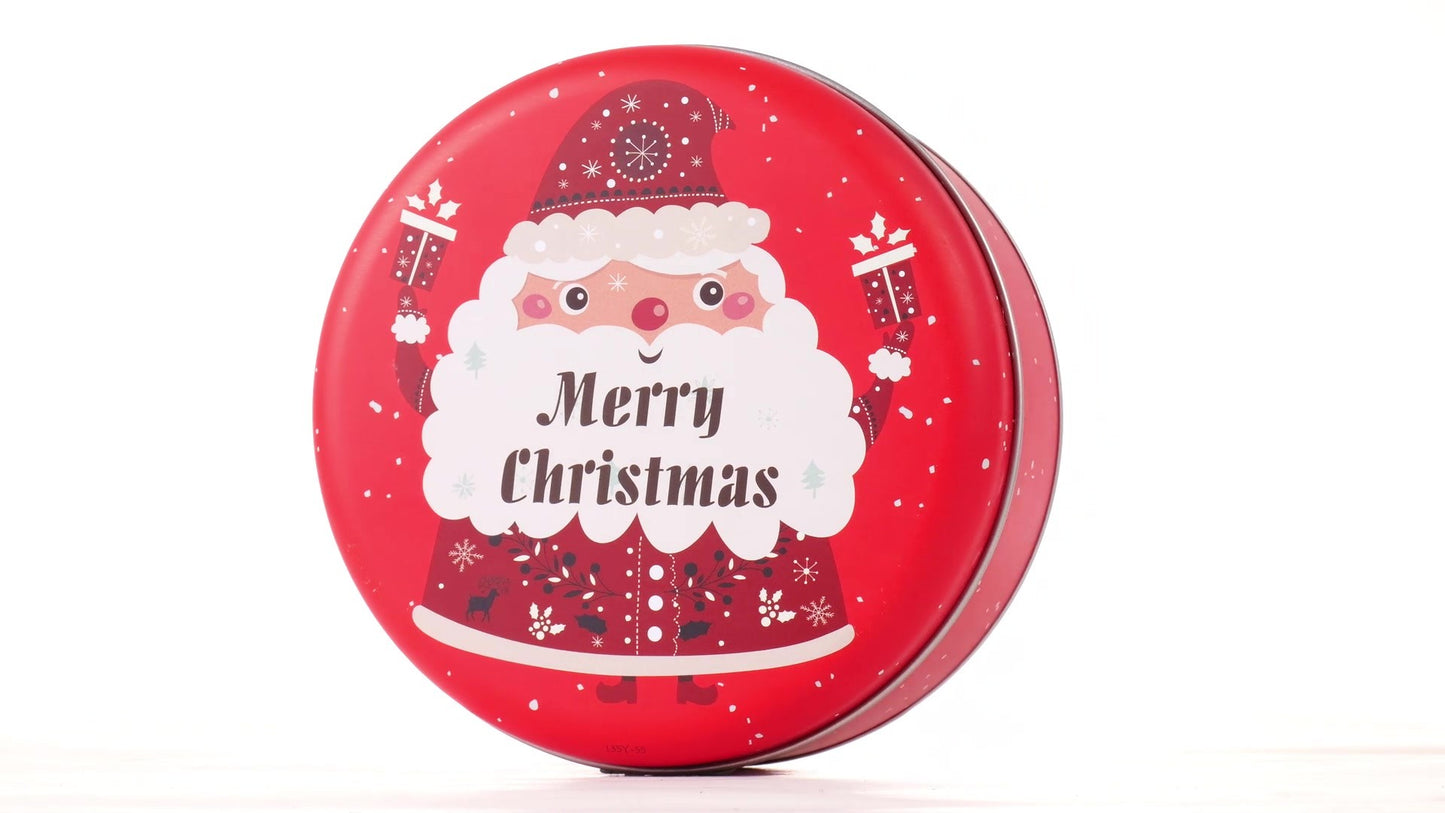 Round red metal tin with Santa Claus design