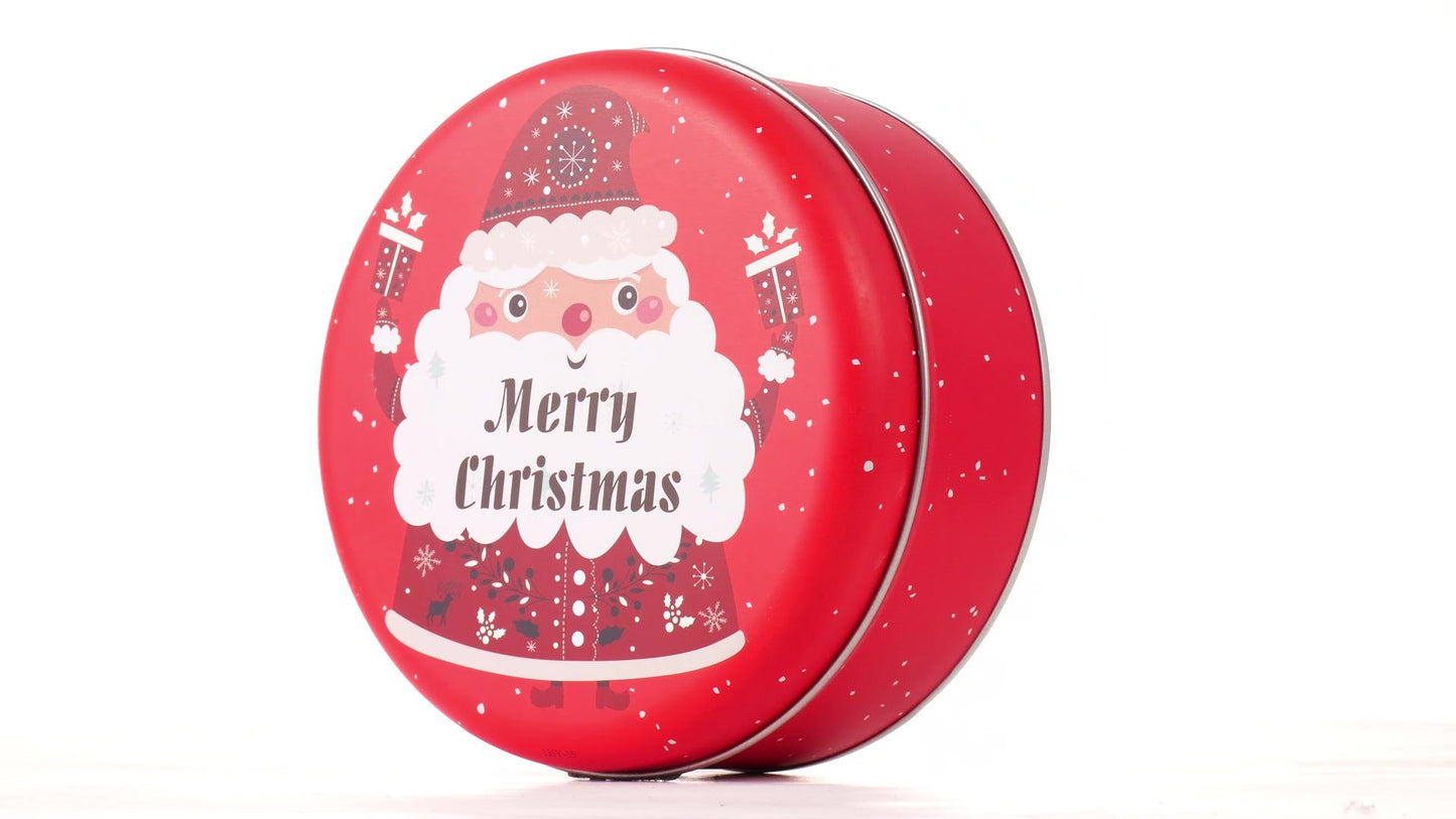 Round red metal tin with Santa Claus design