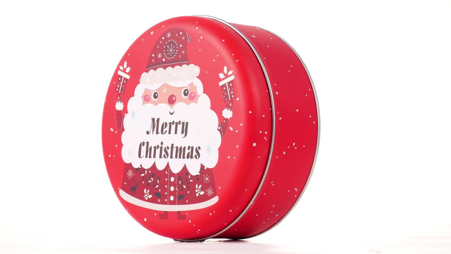 Round red metal tin with Santa Claus design