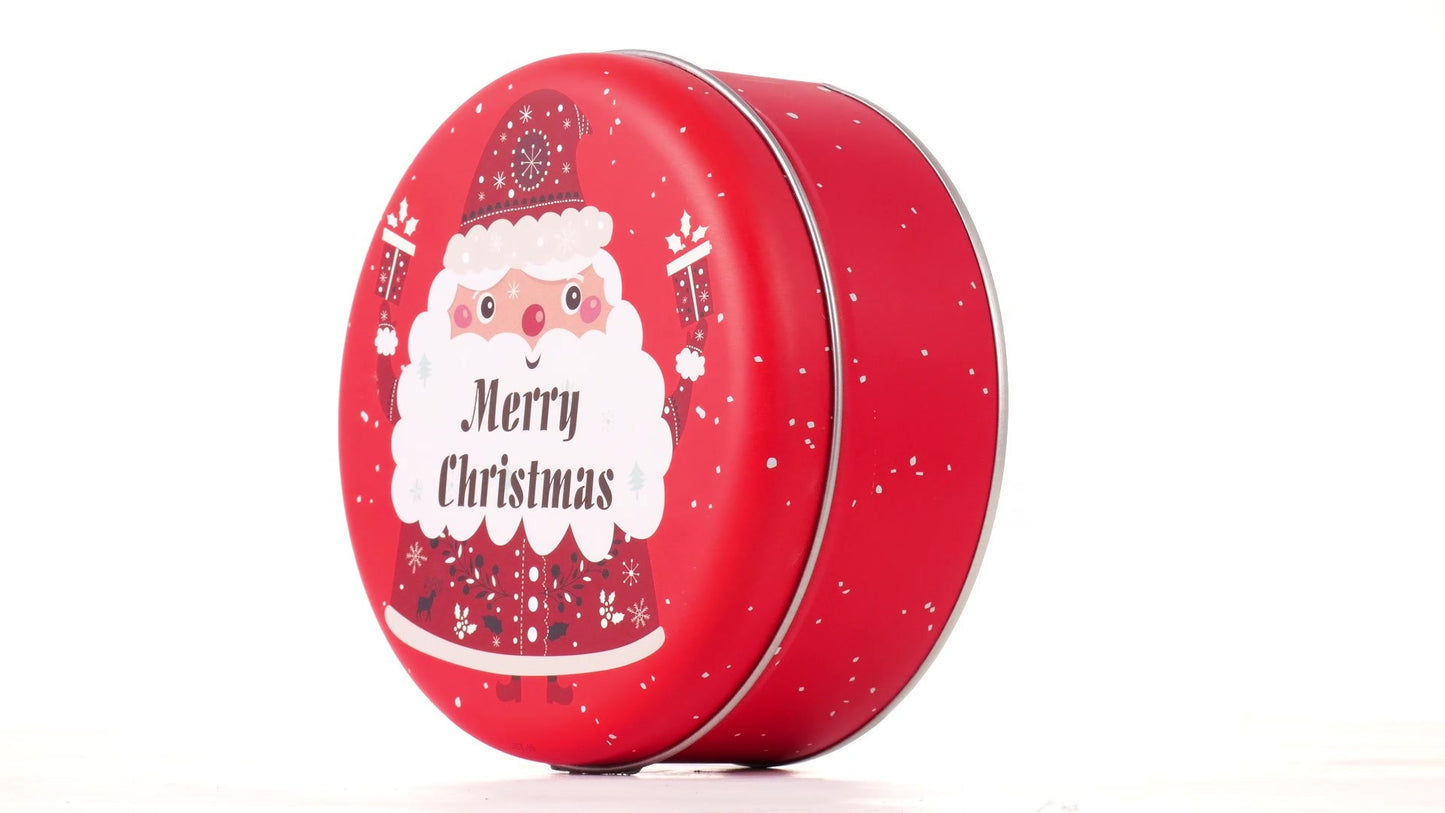 Round red metal tin with Santa Claus design
