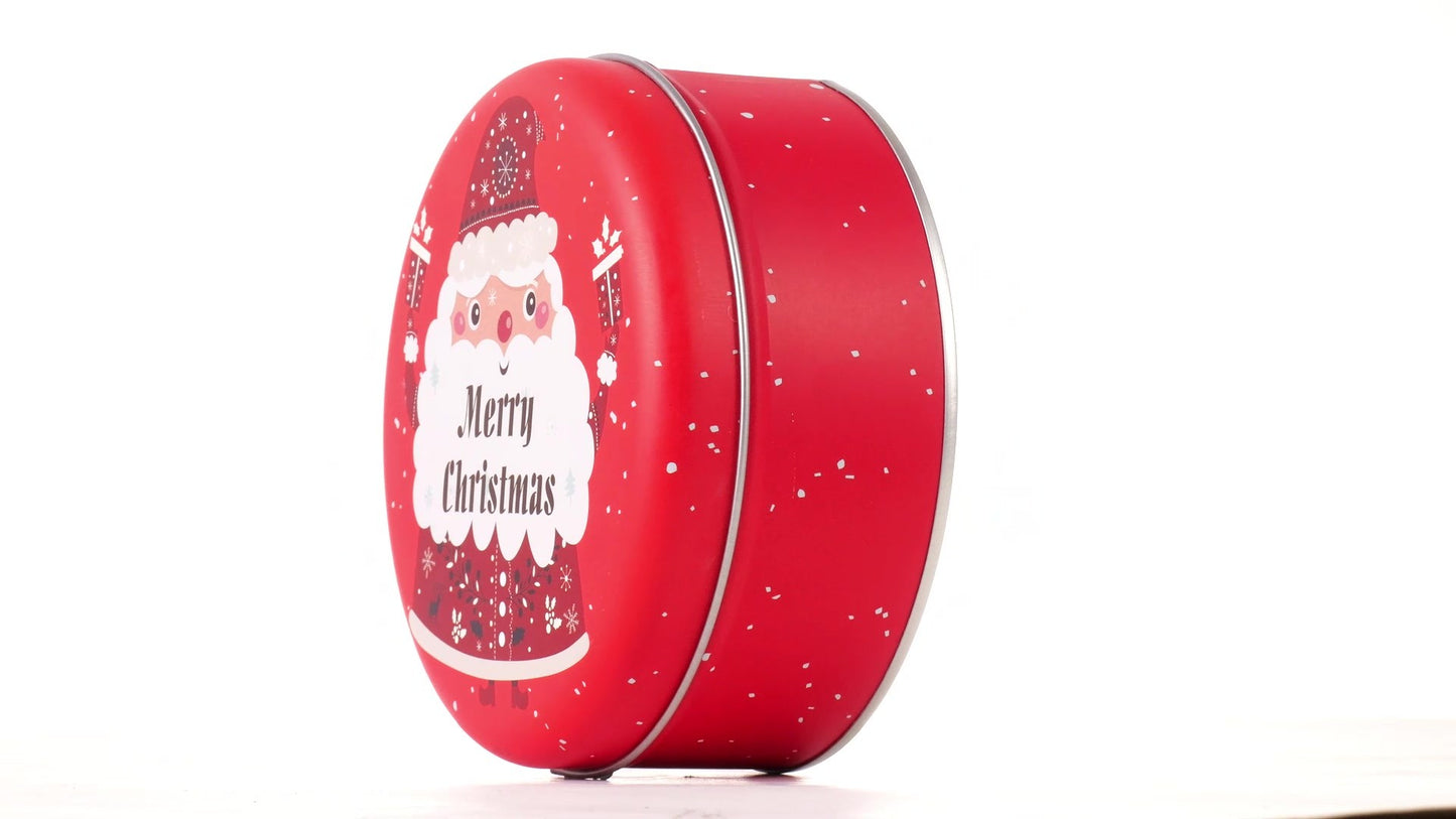 Round red metal tin with Santa Claus design