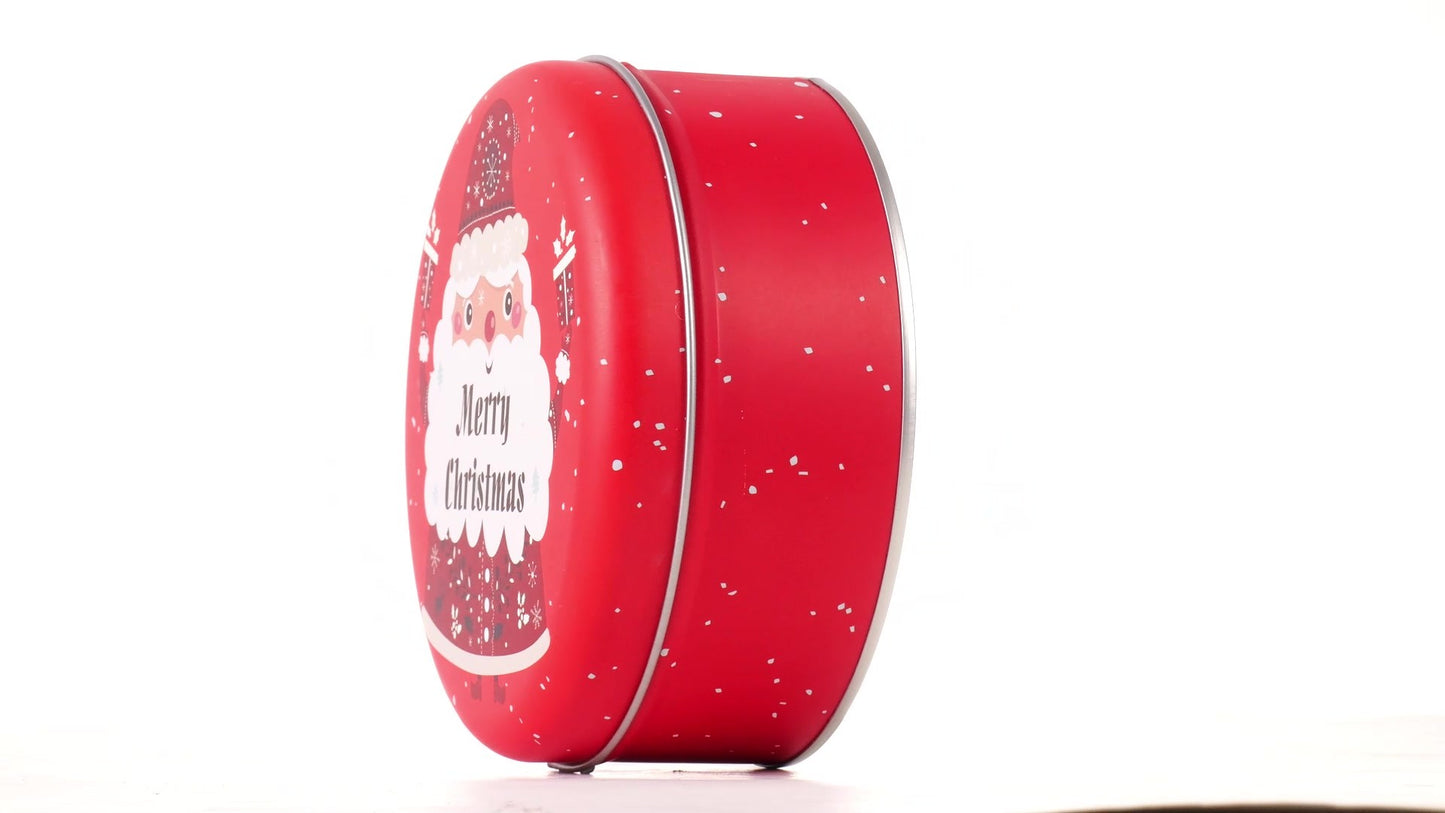 Round red metal tin with Santa Claus design