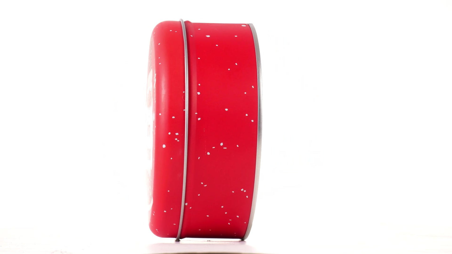 Round red metal tin with Santa Claus design