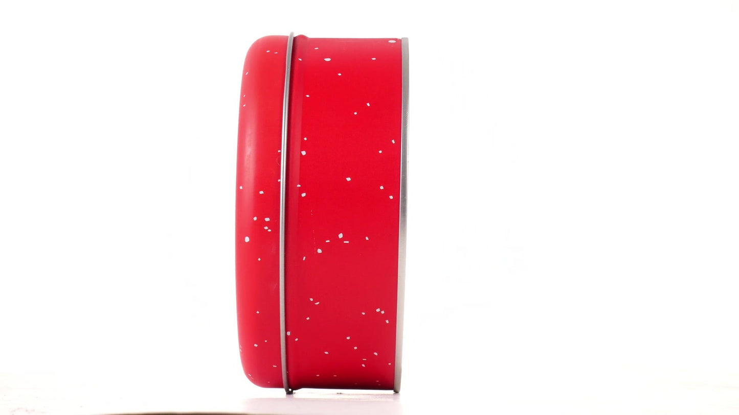Round red metal tin with Santa Claus design