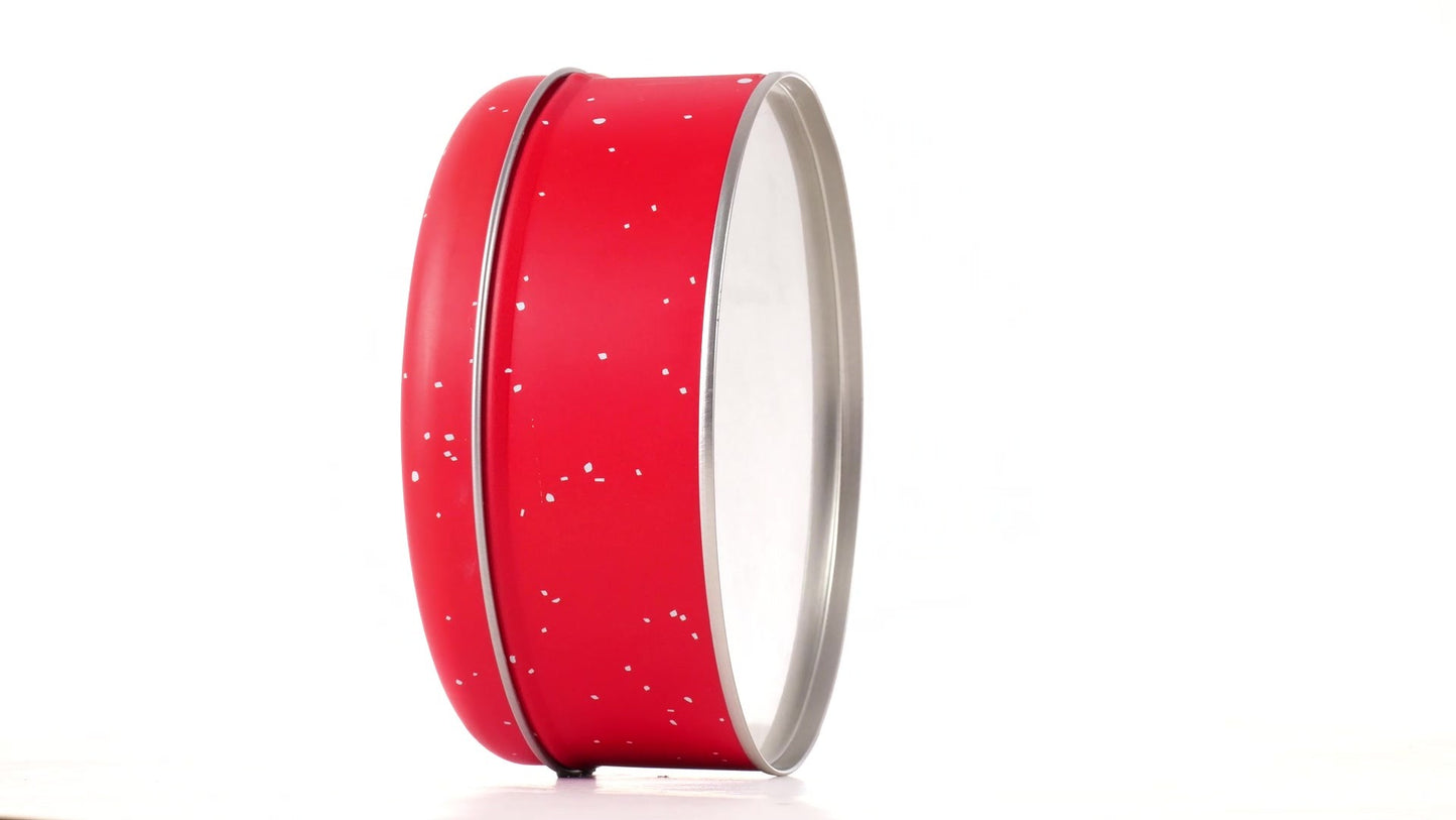 Round red metal tin with Santa Claus design