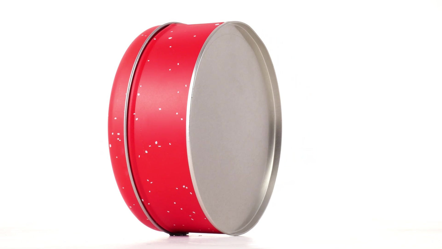 Round red metal tin with Santa Claus design
