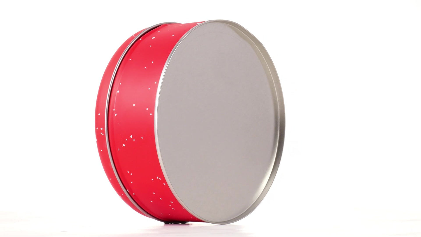 Round red metal tin with Santa Claus design