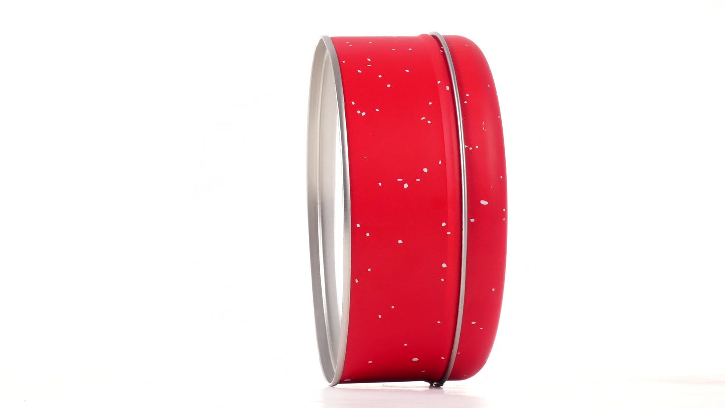 Round red metal tin with Santa Claus design