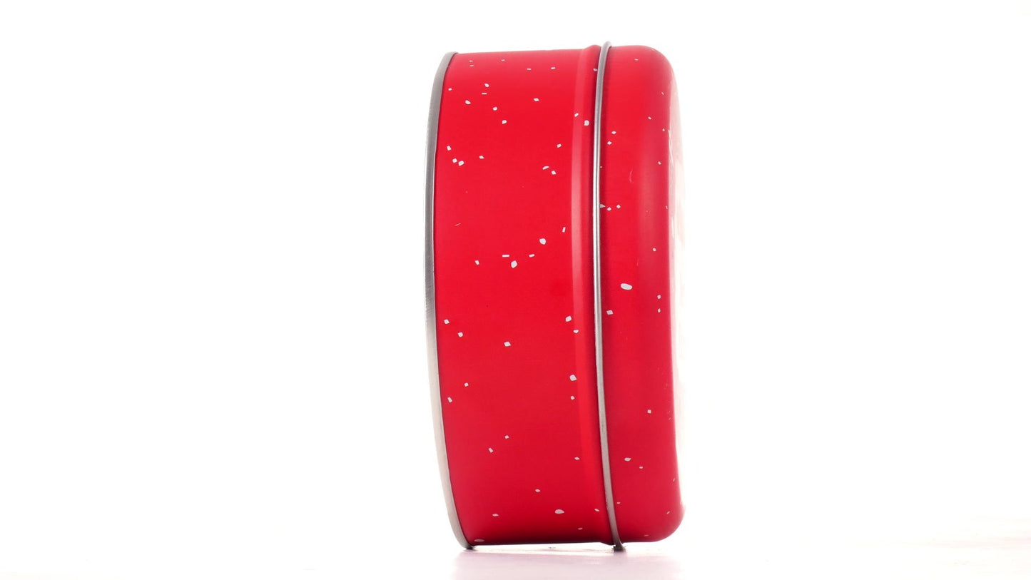 Round red metal tin with Santa Claus design