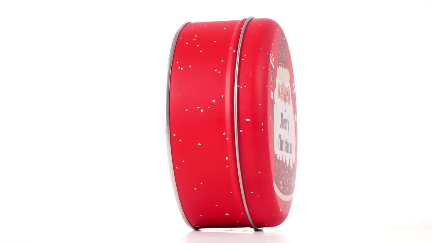 Round red metal tin with Santa Claus design