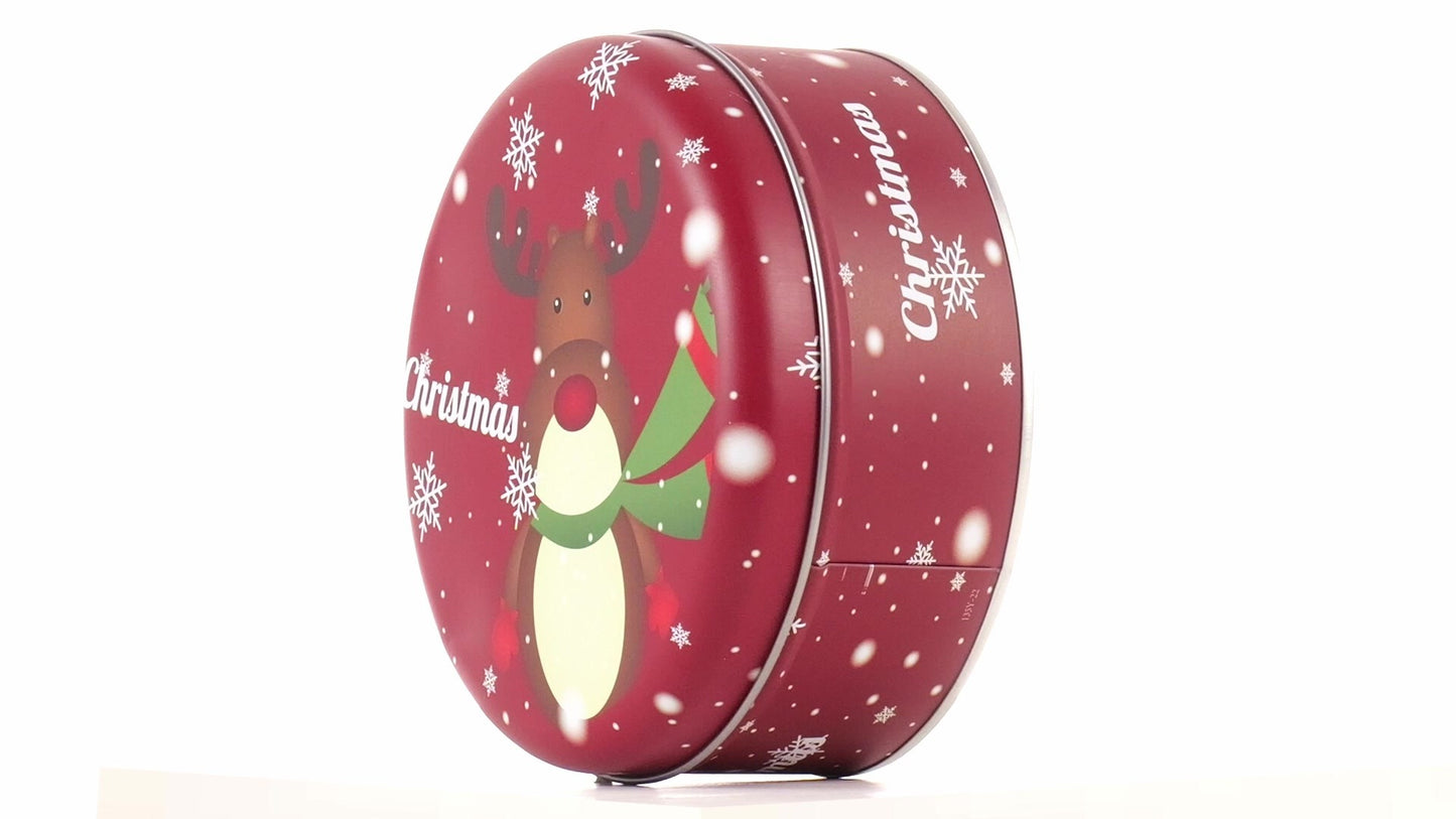 Round red metal tin with Christmas reindeer pattern