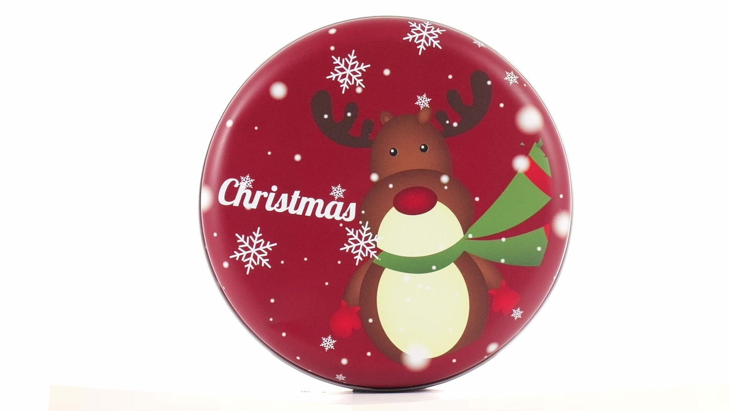 Round red metal tin with Christmas reindeer pattern
