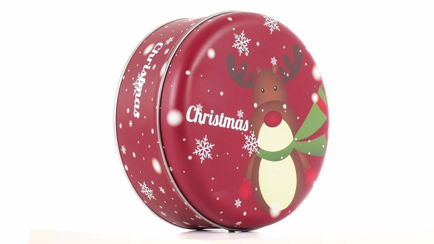 Round red metal tin with Christmas reindeer pattern