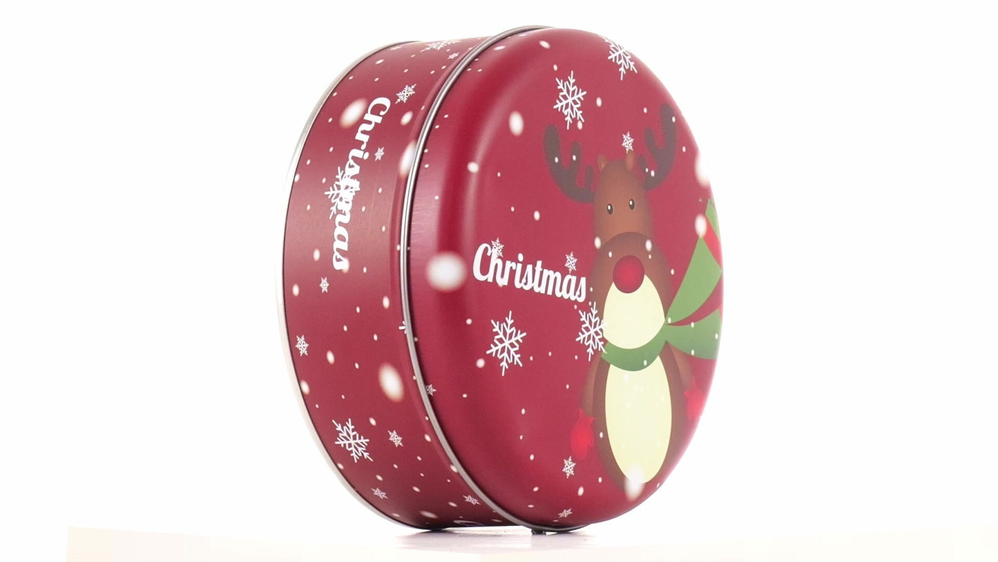 Round red metal tin with Christmas reindeer pattern