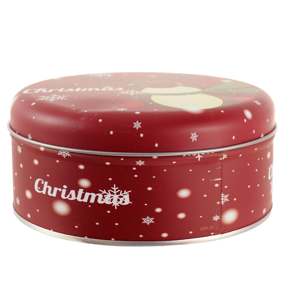 Cutie metalica rotunda rosie cu model ren de Craciun