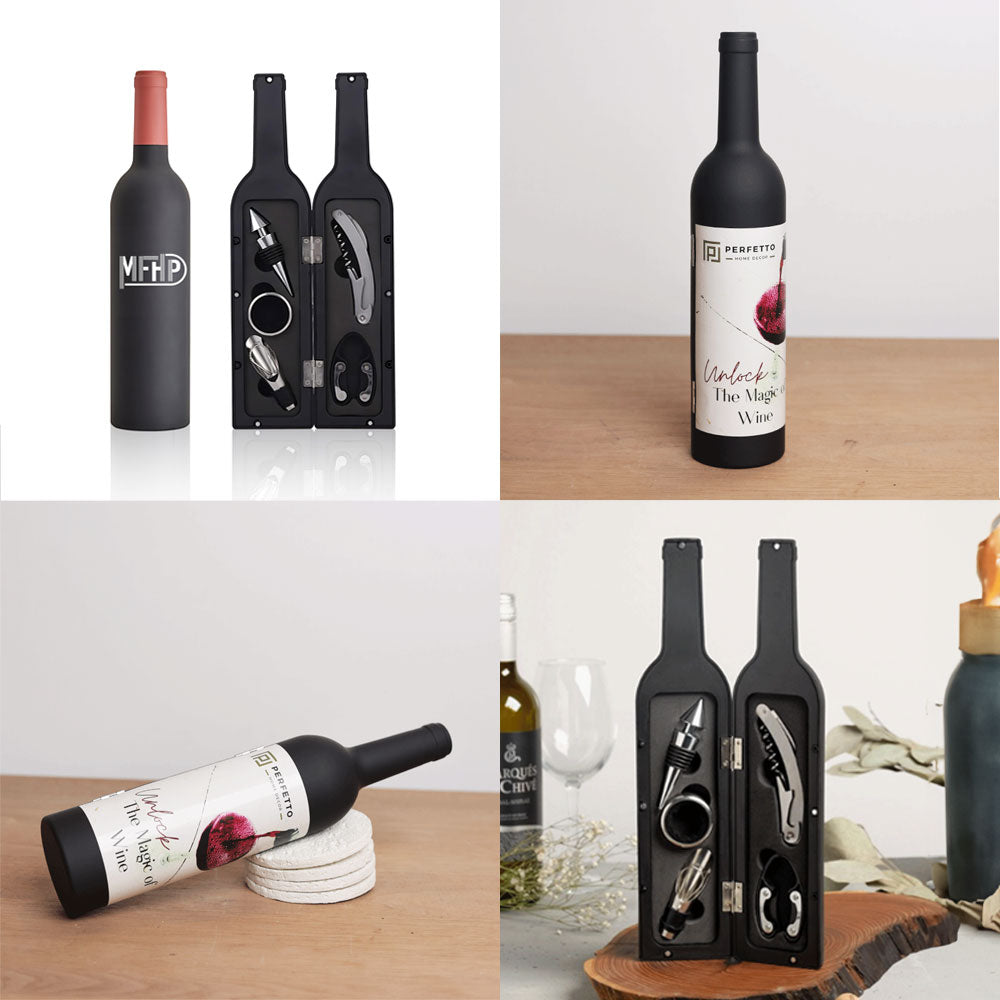 Set 5 accesorii vin in cutie in forma de sticla