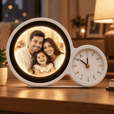 Magic mirror with clock, photo insert, and LED light - ROUND
