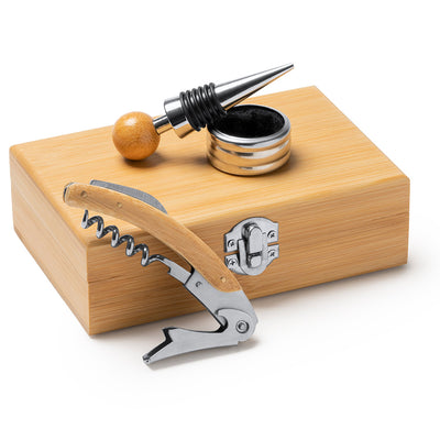 Set 3 accesorii de vin in cutie de lemn 