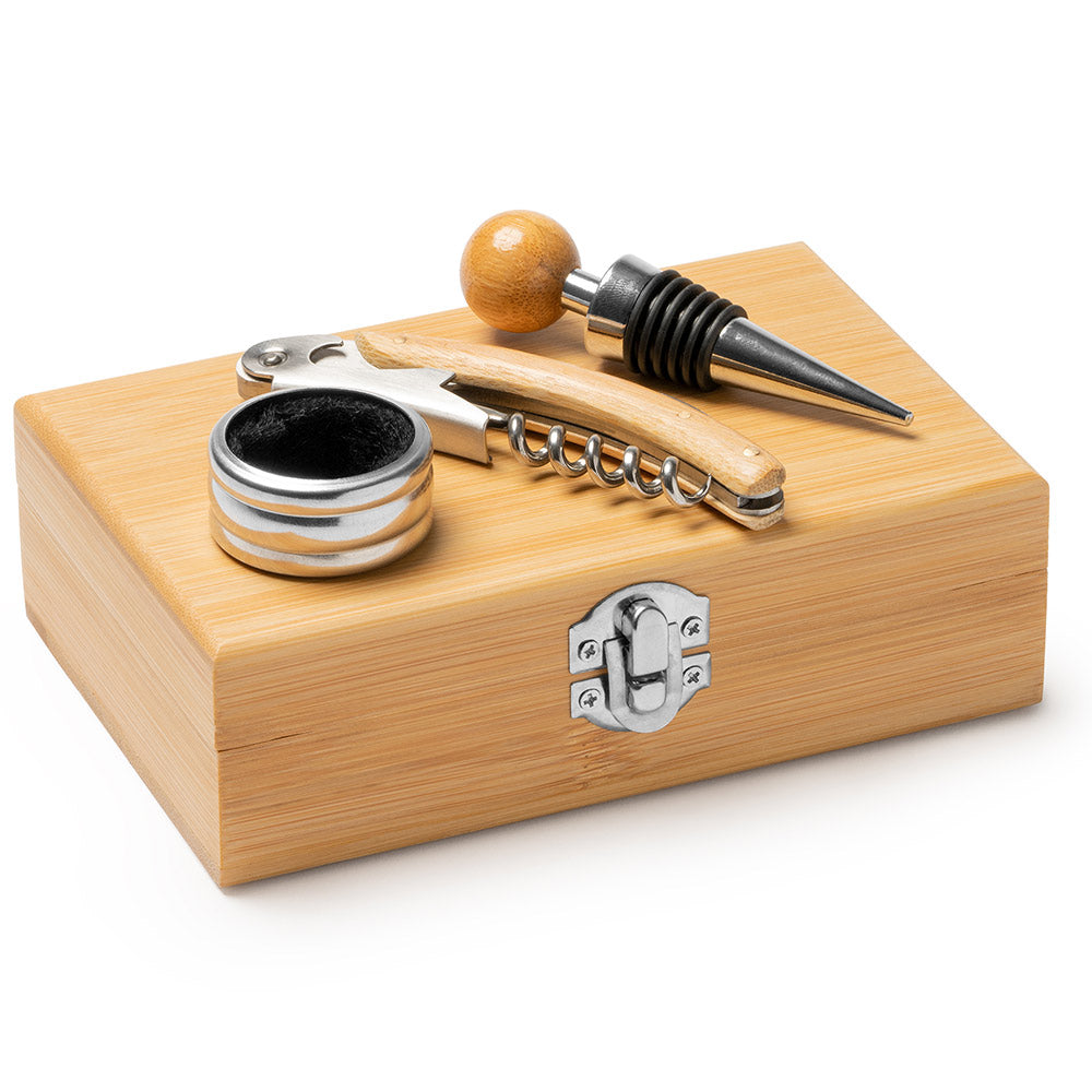 Set 3 accesorii de vin in cutie de lemn 