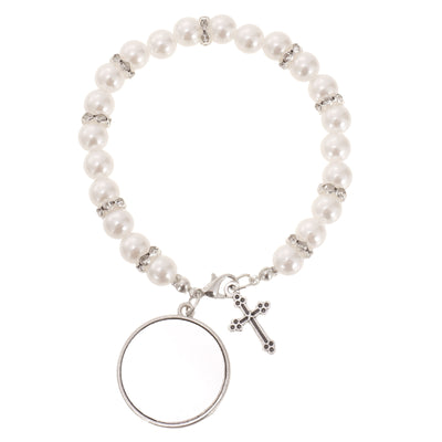 Bratara cu margele albe si cruciulita - sublimabila