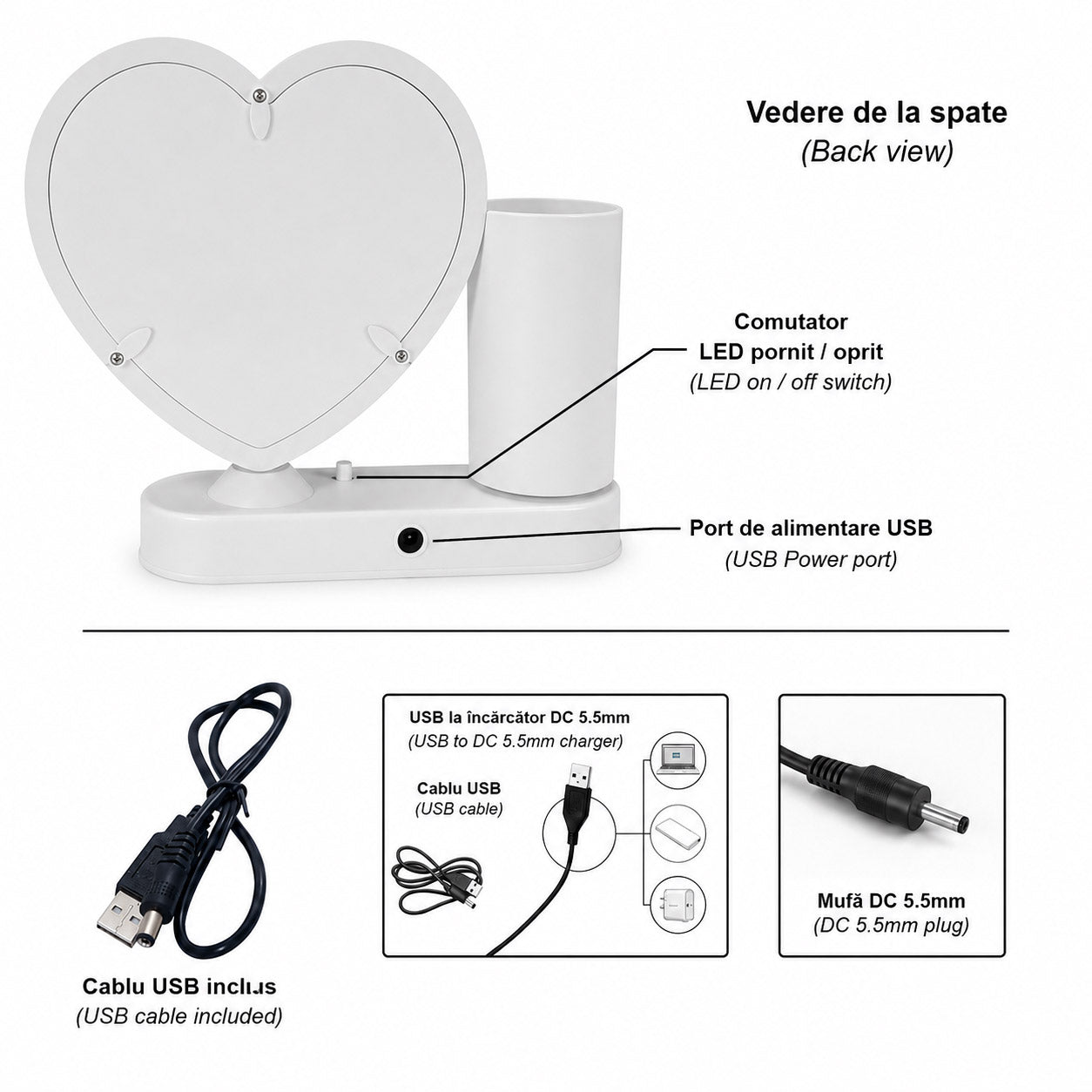 Oglinda magica cu insertie foto si lumina LED cu suport de pixuri - INIMA MM101233 - Green Print