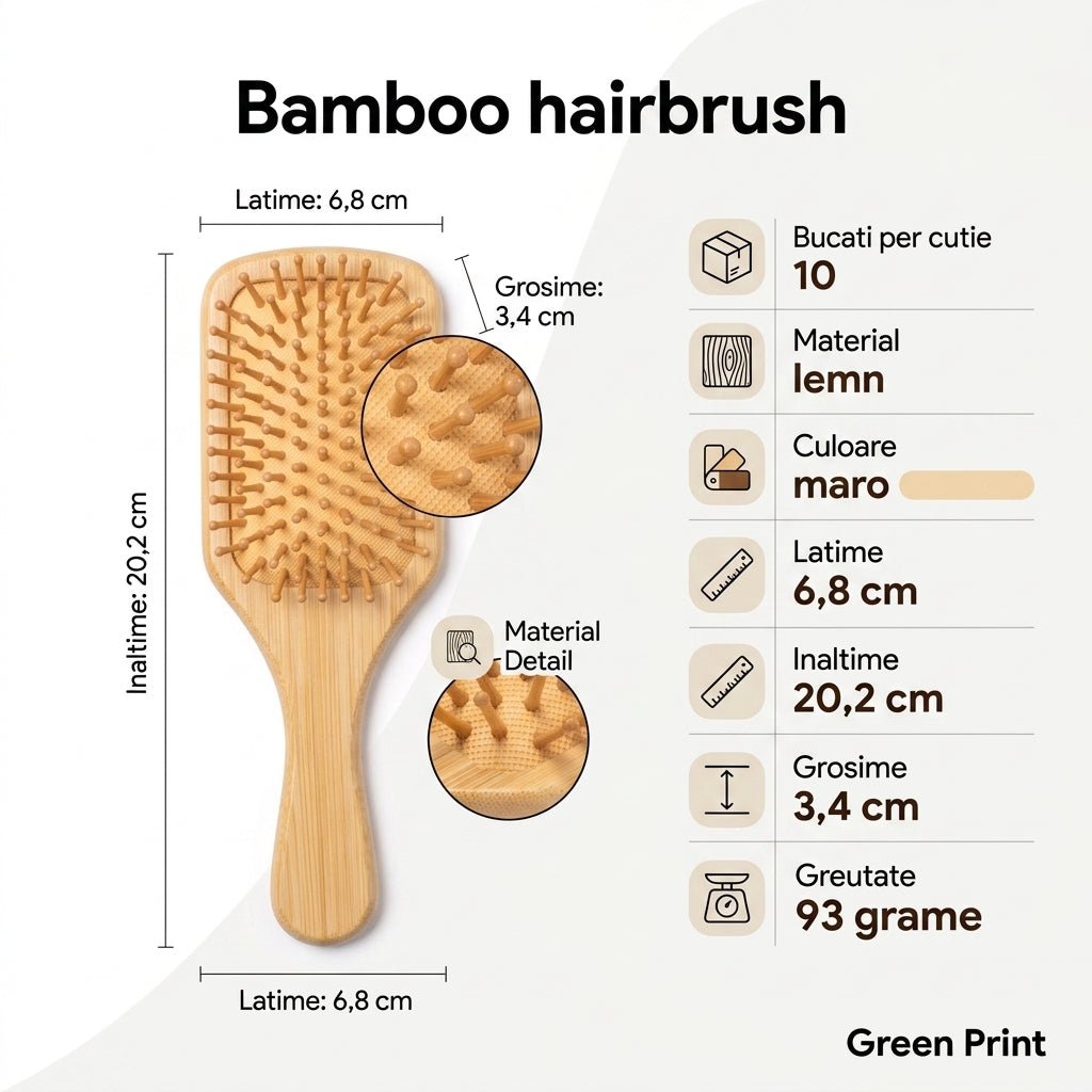 Perie de par din lemn de bambus PI1576S129 - Green Print