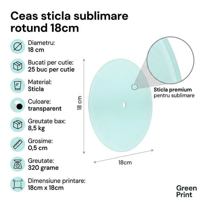 Ceas sticla sublimare rotund 18cm CSr18 - Green Print