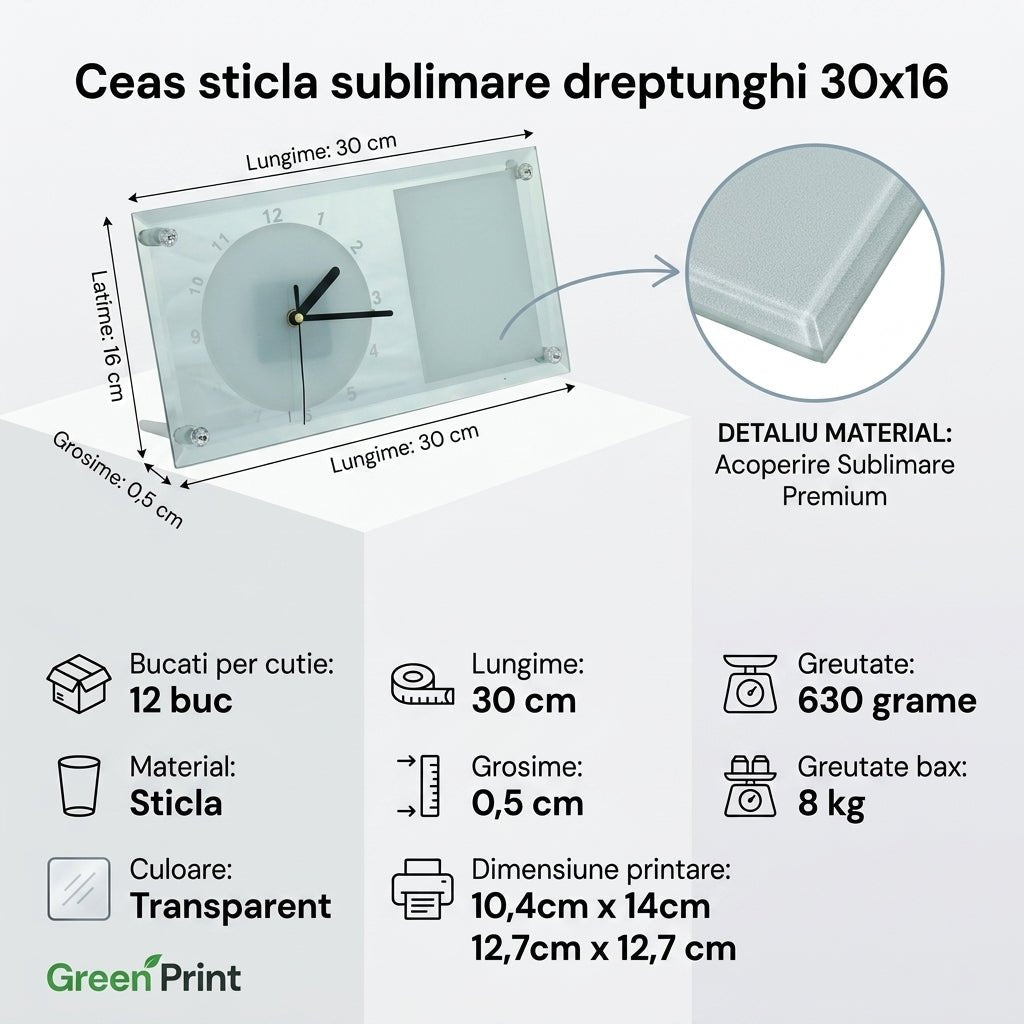 Ceas sticla sublimare dreptunghi 30x16 CS3016 - Green Print