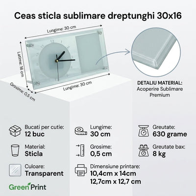 Ceas sticla sublimare dreptunghi 30x16 CS3016 - Green Print